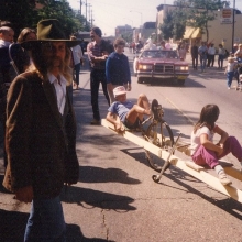 The parade is full of imaginative vehicles. This, the world's longest recumbent bicycle was created by Richard Guyot. The front wheels and chasis came from a riding mower. Courtesy: Richard Guyot