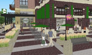 All three developers feature a grocery store. This rendering shows the Fresh Madison Market entrance on East Washington Avenues proposed by T. Wall Enterprise. Courtesy: 
