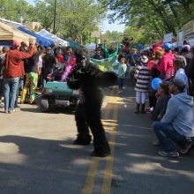 The dancing gorilla makes an appearance during each parade, marching with Hoopelation.