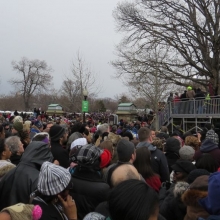 Hundreds could not reach the "Green Standing Area" after security shut down an entrance gate (center) due to a anti-abortion protester, seen in the upper right of this photo.