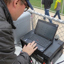 Notes to people in the crowd at sporting events used to be delivered by paper, now you can tweet your message and have it read by announcer Jason Joyce.