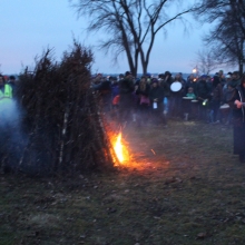 It took a few tries and some emphatic singing to get the bonfire to burn on it's own during the 2015 Winter Solstice celebration at Olbrich Park on December 22, 2015.