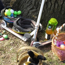 The tools of the trade. Razor, liquids, and the 21st century Easter basket, the bike helmet.