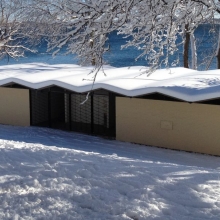 The unique roof of the B. B. Clarke Beach shelter collects a perfect layer of snow.