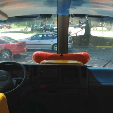 A view of the road from the Wienermobile.The actual controls are typical of a vehicle, so no automatic James Bond-like mustard sprayers to defeat soy-based rivals on the road.