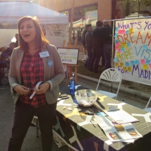 Mayoral Candidate Bridget Maniaci greets potential supporters at the Willy Street Fair, September 14, 2014.