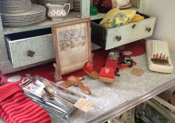 A wide selection of "recycled treasures" available at The Green Turret including some wooden skis and a knife holder.
