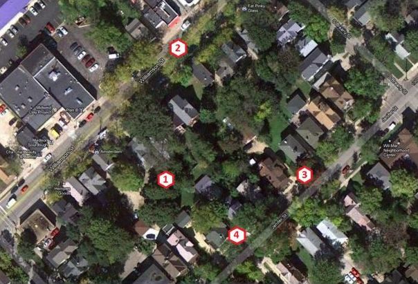 An overhead look at the affected block from the May 2012 sound study conducted by Acoustics By Design for Plan B to measure ordinance compliance. The numbers show where measurements were made. Plan B is to the left of the large parking lot on the upper left. The Guyot house is to the left of #3, the Lee-Skaggs and Gallo house are to the left of #4 respectively. Source: City of Madison