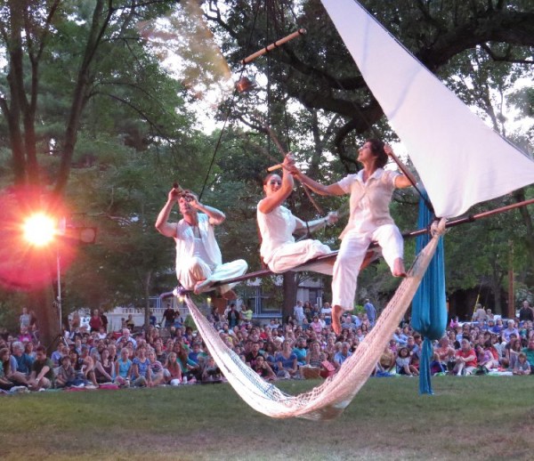 Luv Joy Seamon (center) and two other Cycropia performers during the opening act of Circus Quercus on Family Night at the Orton Park Festival, August, 22, 2013.