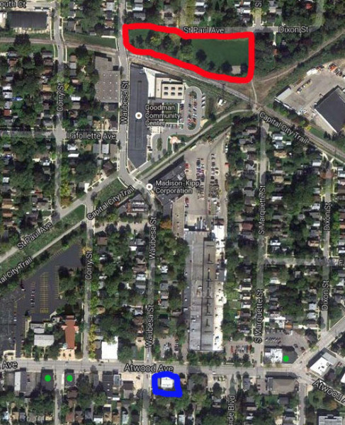 Neighbors worry alcohol purchased from the BP (blue square) will perpetuate public intoxication in Wirth Court Park (red outline). The green dots indicate other neary businesses that sell alcohol.