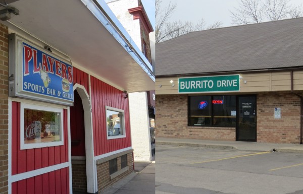 Players Sport Bar (left) and Burrito Drive were robbed recently through the same combination of guns and a chemical irritant sprayed on the victims.