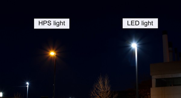 A comparison of the two styles of lights. The LED light will replace the HPS-style light. Courtesy: MG&E