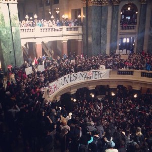 Nearly 1,500 students protest the Robinson shooting at the Wisconsin State Capitol, March 9, 2015. (Via twitter)